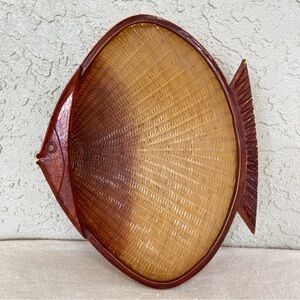 Vintage Asian Fish-Shaped Footed Wicker Basket with Wooden Head, Tail and Rim